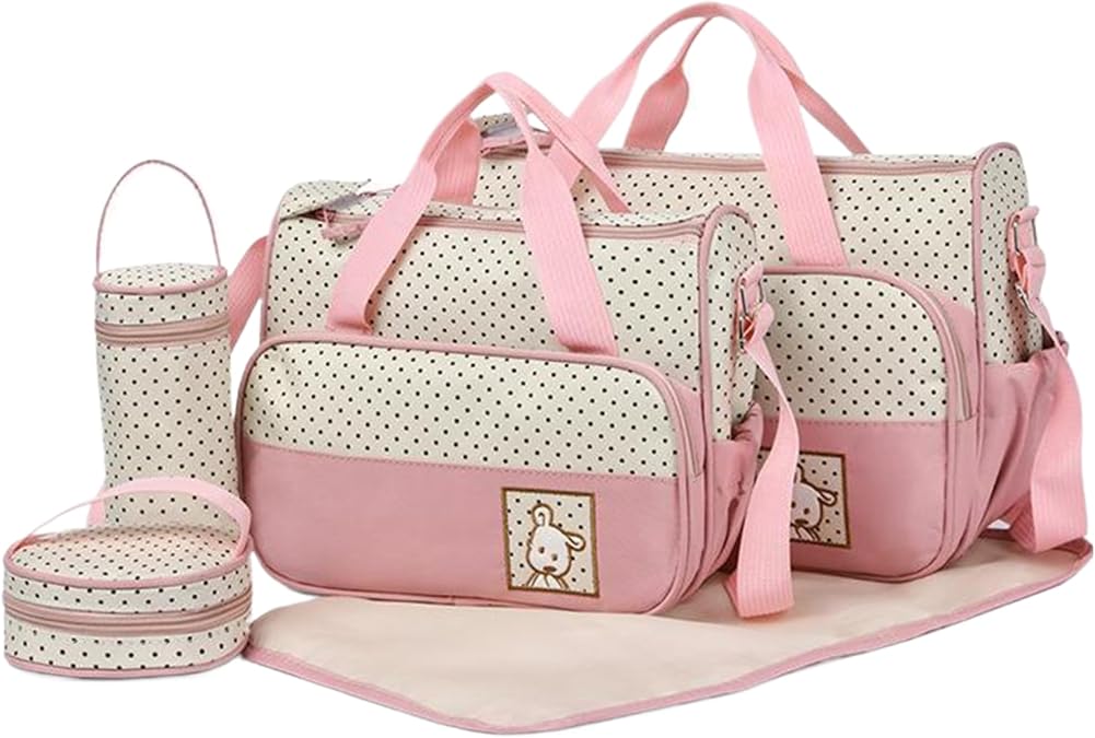 Baby Diaper Bags, 5pcs Waterproof Diaper Bag Tote with Handbags, Milk Bottle Bags, Lunch Bag & Mat, Travel Baby Tote for Mom and Dad (Pink)