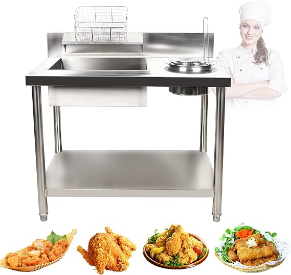 Breading Table, 430 Stainless Steel Fried Food Prep Table Fried Food Prep Breader Station with Basin & Basket for Chicken Fish Vegetable Fry Restaurant Kitchen