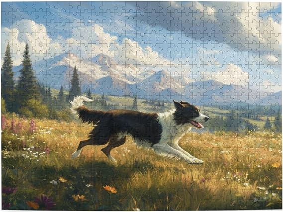 500 Piece Border Collie Puzzle for Adults Running Dog in Meadow Flower Meadow with Mountain Landscape, Nature Scenery Jigsaw for Relaxation and Focus