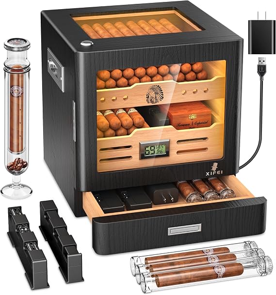 XIFEI Cigar Humidor Cabinet, Glass Top Humidors with Adjustable LED Lighting, Acrylic & Glass Tube, Digital Hygrometer, 2 Humidifiers, Cedar Wood Humidor with Accessory Drawer for Gifts