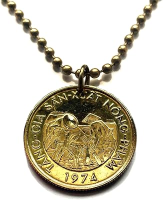 1974 South Vietnam War era 10 Dong coin pendant rice plant farmer agriculture Hanoi Hoi An Saigon Ho Chi Minh City Haiphong Da Nang Hue Can Tho Prey Nokor Haiphong French Cochinchina Indochina n000714