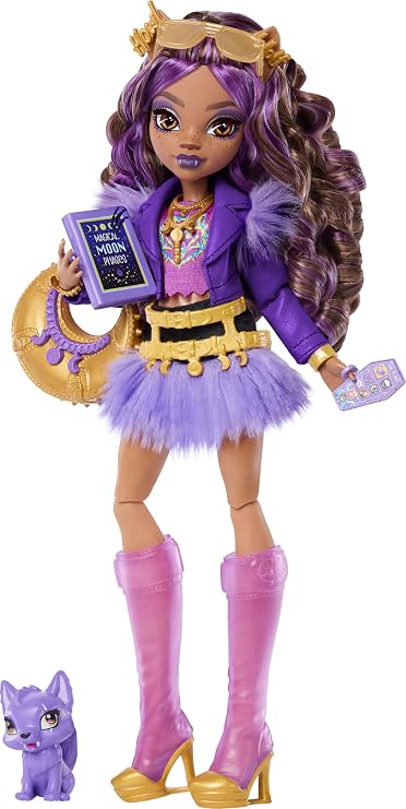 Monster High Mor motosiklet ceketi ve tüylü etek giyen Monster High Clawdeen Wolf bebek, kurt Crescent ve kitap, kruvasan ve çanta gibi 7 aksesuar, JHK30 | Mor Moto Ceket ve Kürklü Etek Pet Hilal ve Kitap, Kruvasan ve Çanta gibi 7 Aksesuar ile Kurt Adam