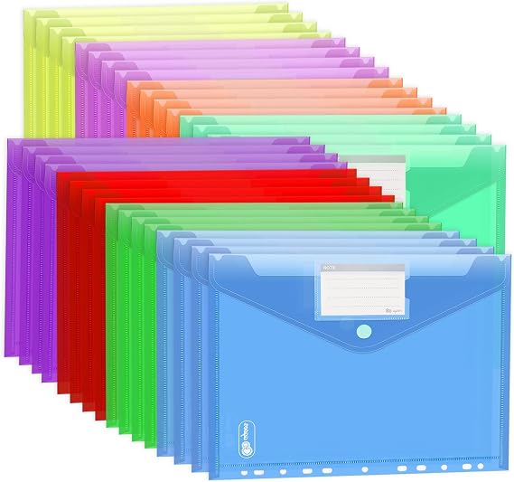 Agoer Document Wallet A4+ Filing Pack of 32 8 Colours [Wider Sizes] Document Folder A4 Velcro Closure with 11 Hole Edge and Label Pocket Extra Thick Waterproof Transparent Document Sleeves