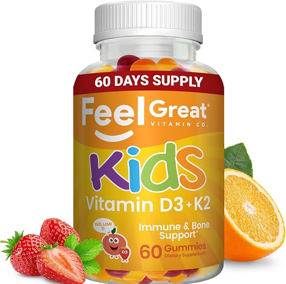 Feel Great Kids Vitamin D3 + K2 Gummies for Bone & Immune Support, 60ct
