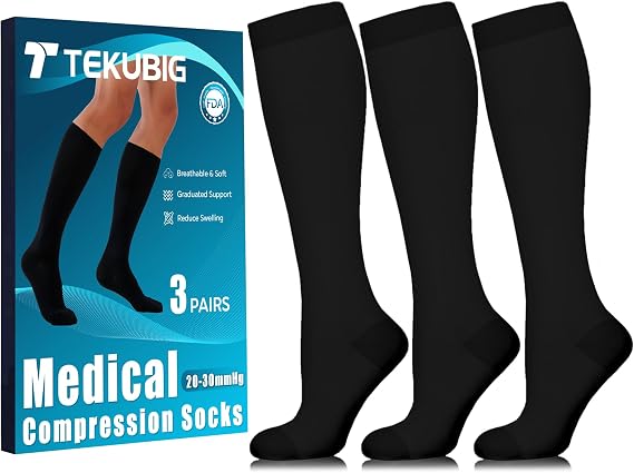 Tekubig 3 Pairs Medical Women Men Compression Socks Knee High 20-30 mmhg Graduated Stocking Support Hose Cute for Running Travel