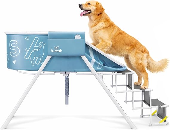 Furesh Foldable Dog Washing Station for Large Dogs with Stairs | Reinforced aluminum frame with foldable stairs for safe, elevated bathing and compact storage.