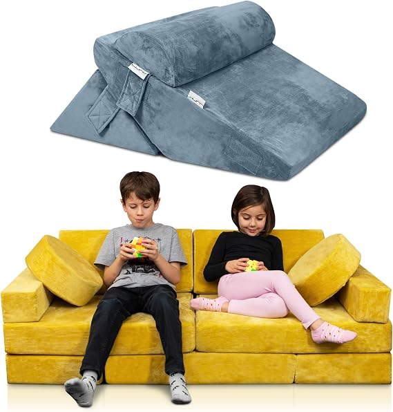Lunix LX15 Yellow Modular Kids Play Couch (14pcs) + LX6 3pcs Navy Wedge Pillow Set Creative Play & Relaxation Bundle for Kids Bundle and Save 10%