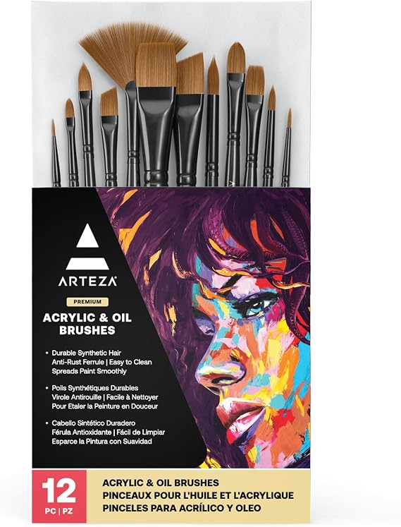 ARTEZA Acrylic and Oil Paint Brushes, Set of 12, Synthetic Hair