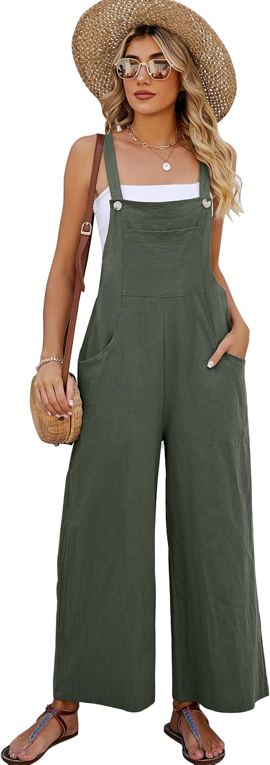 Flygo Womens Cotton Bib Overalls Loose Fit Wide Leg Jumpsuits Casual Rompers with Pockets