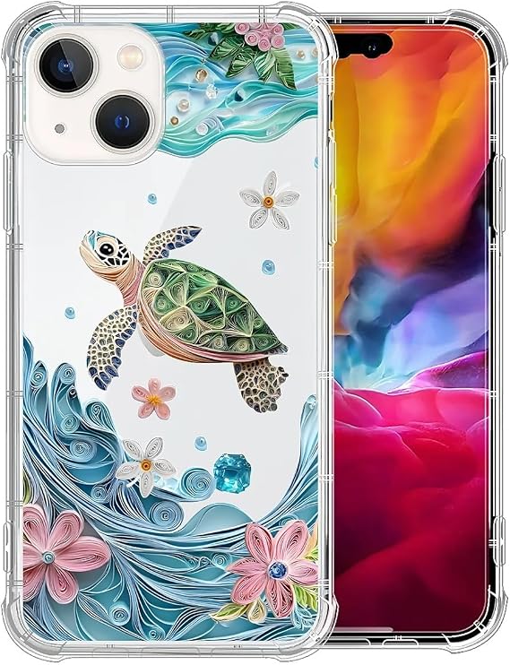 Case for iPhone 15,Crystal Clear Shockproof Cover with 4-Corner Airbag Technology, Military-Grade Protection Design for iPhone 15 Case - Seashell Pearl Turtle Mosaic