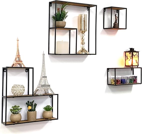 allgala 4-PC Set Wall Mount Creativity Black Metal Frame Wood Finish Floating Shelves