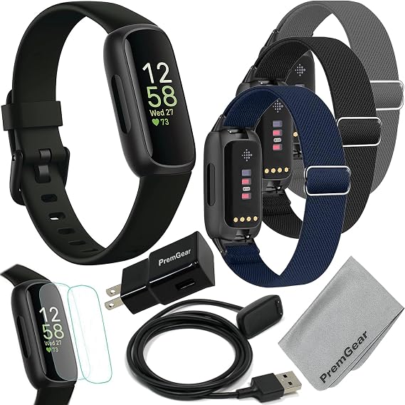 Fitbit Inspire 3 Health & Fitness Activity Tracker (Black) with Workout Intensity, Sleep Tracking, Heart Rate, 3 Nylon Comfortable Watch Bands, Wall Adapter, Screen Shields & Cloth
