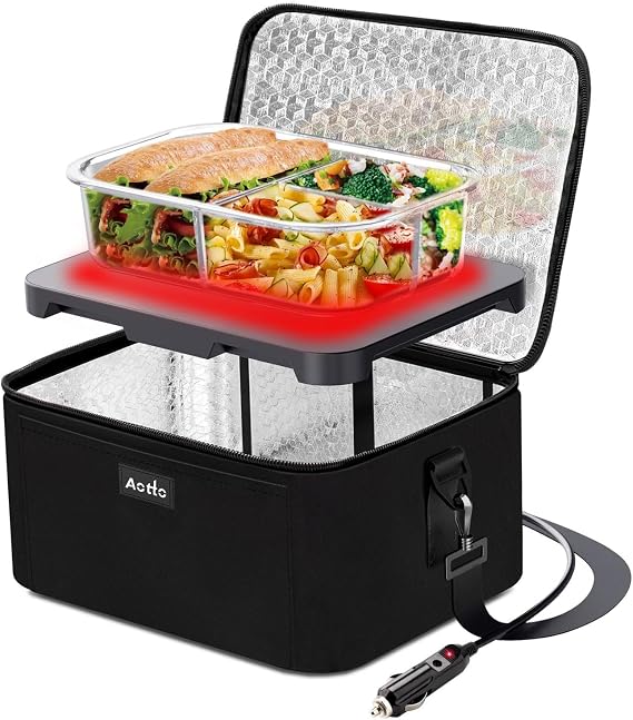 Aotto Heated Lunch Box Food Warmer - 12V 24V 2-in-1 Car Food Warmer with Vehicle Plug - Mini Portable Electric Lunch Box Heater for Men and Women - Reheat & Keep Meals Warm On the Go - Black