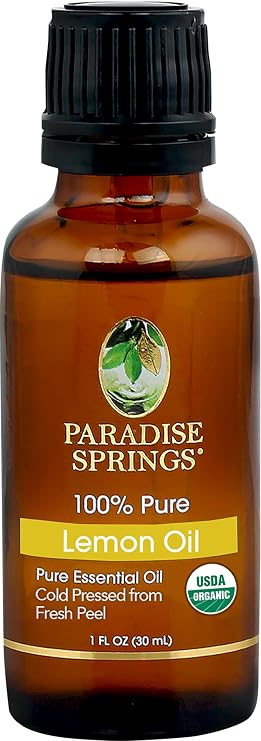Paradise Springs Organic Lemon Essential Oil, 100% Pure and Natural Organic Lemon Essential Oil for Diffusers for Home Aromatherapy, Massage, Humidifiers, 1 fl oz (15ml)