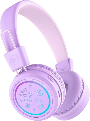 MEE Audio KidJamz KJ55BT Bluetooth Wireless Safe Listening Headphones for Children wLED Lights, 85dB Volume Limiter, Microphone, 40h Battery; Kids Headset for SchooliPhoneiPadTablet Lavender