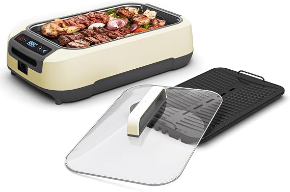 OVENTE Smokeless Indoor Grill, 1500W Non Stick Coating Plate, White SGR85W | Korean Style BBQ with One-Touch Control, Smart Display, Tempered Glass Lid, Two Removable Plate and Dishwasher Safe Plates