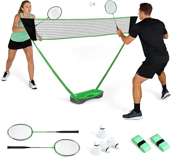 Badminton Set with Net, Portable Pop up Badminton Net with Freestanding Base, 2 Badminton Rackets, 2 Racket Wraps, 4 Shuttlecocks,1 Net, for Outdoor Indoor Sports Games, Easy Setup and Storage