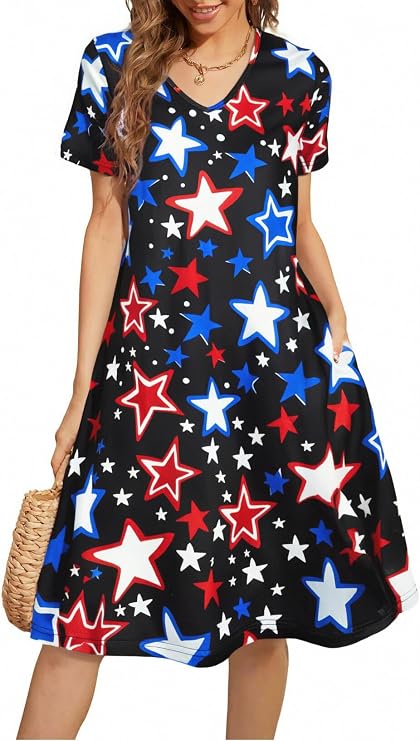 LUKYCILD American Flag Dress Women 4th of July Patriotic Shirt USA Stars Stripes Dresses Sexy V- Neck Summer Sundress