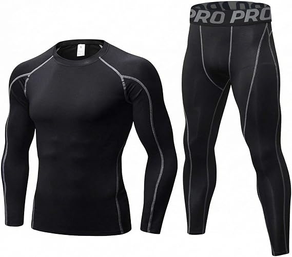 LANBAOSI Mens Workout Compression Set Pants and Shirts Thermal Baselayer | Two-Piece Insulating Layer, Soft Inner Lining, for Layering Under Workout Gear