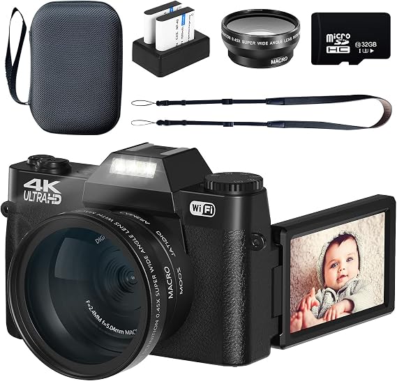 VETEK Digital Camera 4K Camcorder 48MP Photography Camera for YouTube with WiFi, 3.0" IPS 180Flip Screen, Wide Angle Lens, Macro Lens, 16X Digital Zoom, 32GB SD Card, 2 Batteries(Black)