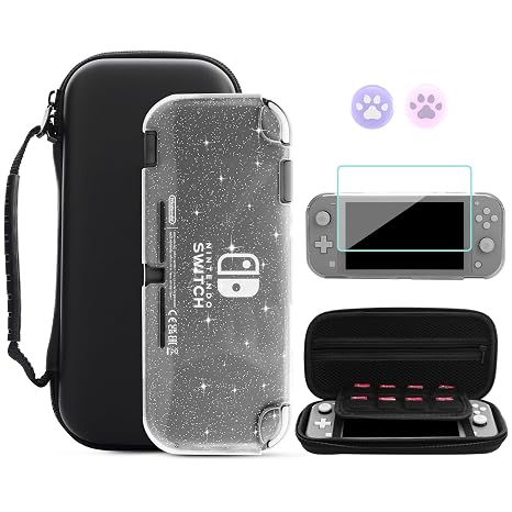 GLDRAM Black Carrying Case for Nintendo Switch Lite, Portable Travel Case with 8 Game Card Slots, 4 in 1 Accessories Kit with Clear Glitter TPU Protective Shell, Screen Protector and 2 Thumb Grip Caps