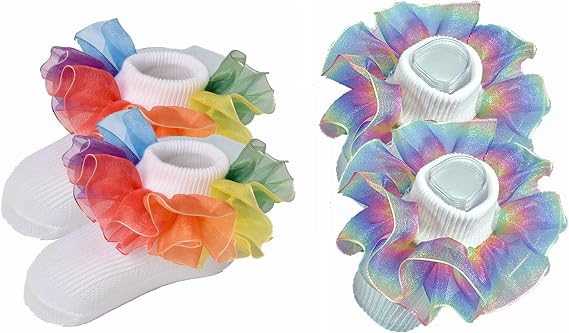 Toddler Girls Double Lace Socks Turn Cuff Shimmering Big Ruffle Rainbow Style Dress Lace Socks for Infant Kids