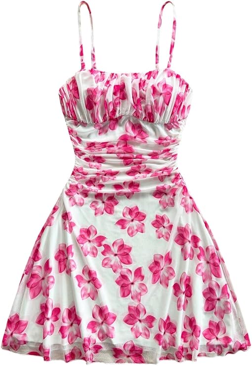 WDIRARA Women's Floral Print Ruched Cami Dress Ruffle Hem Mesh Mini Dress