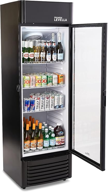 PremiumLevella PRF1257DX Glass Door Display Refrigerator 12.5 cu ft Commercial Beverage Cooler Merchandiser With Customizable Lightbox - Black