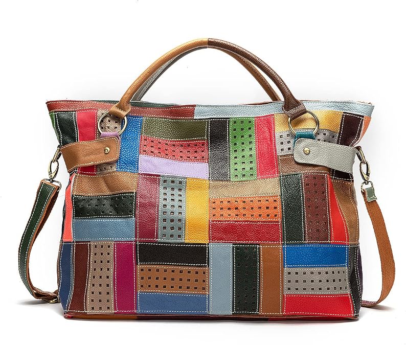 Women Genuine Leather Tote Multicolour Patchwork Hollow Shoulder Handbag Purses