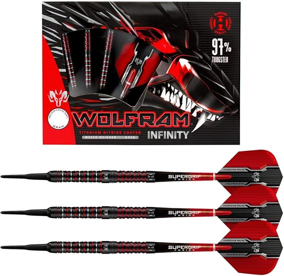 Harrows Wolfram Infinity 97% Tungsten Soft Tip Darts Set | 18g and 20g | Includes Supergrip Fusion Shafts and 100 Micron Prime Flights (20g)