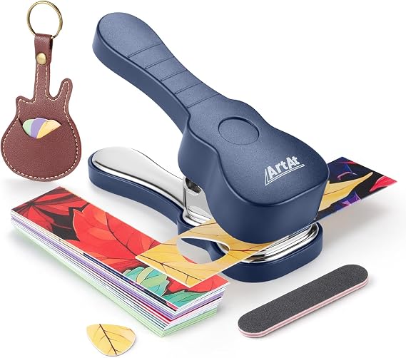 ArtAt Guitar Pick Punch Kit Bass Guitar Picks Puncher With 15 Pick Strips | DIY guitar pick maker for guitarists with leather keychain pick holder & file, unique gift for music lovers