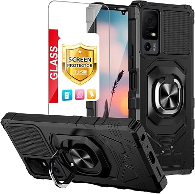 TJS Case for TCL 40 XL & T608DL, Lively Jitterbug Smart4 - Tempered Glass Screen Protector, Metal Ring Kickstand Heavy Duty Drop Protector Black