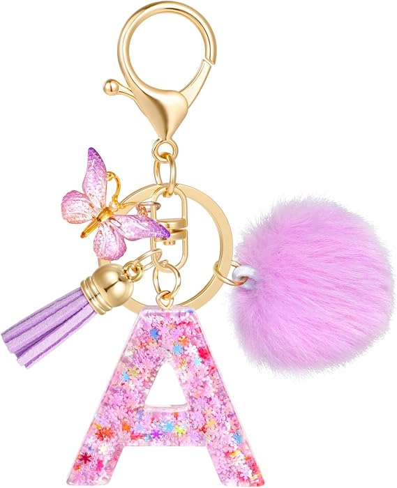 JSRQT Resin Initial Letter Keychain,Fashion Purple Snowflake Sequins Alphabet Key Chains for Girls Women Bag Handbag Charms Decor