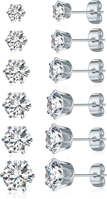 Gemsme 5 Pairs Princess Cut Cubic Zirconia Stud Earrings for Women/Men - 18K Gold Plated Hypoallergenic 3-7mm Square Clear CZ Earring Set