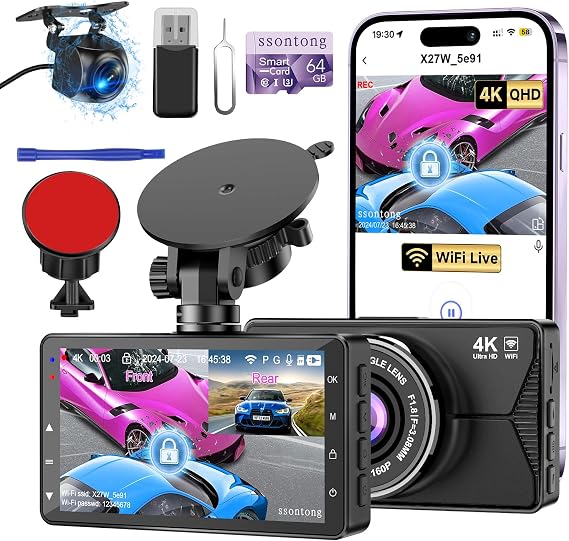 Dash Cam Front and Rear, 4K WiFi App Control with 64GB Card USB Powered | Loop Recording, G-Sensor, Time-Lapse, Parking Mode, DVR Car Security Camera, Night Vision Dashcam, Supports Up to 256GB Card