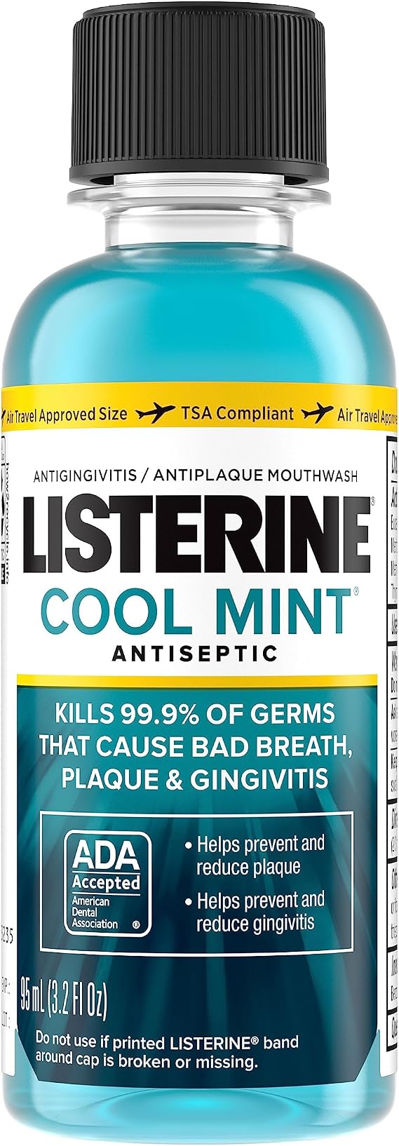 Listerine Cool Mint Antiseptic Mouthwash for Bad Breath, Plaque and Gingivitis, Travel Size, 3.2 Fl Oz, Pack of 1