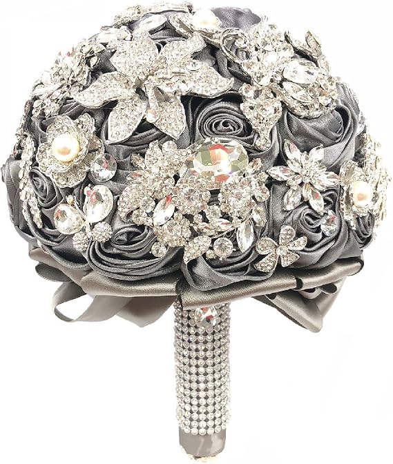 Abbie Home Handmade Luxury Wedding Bridal Rose Jewelry Bouquet-Advanced Sparkle Full Rhinestone and Glaring Pearl Covered Bride Brooch Bouquet-Grey