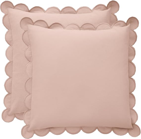 BEBE BASK Scalloped Pillow Cover - Set of 2-18 x 18 Inch - Scallop Pillow Cover - Pink Scalloped Pillows - Scallop Pillows - 100% Cotton - Grandmillennial Style (Peach Pink/Peach)