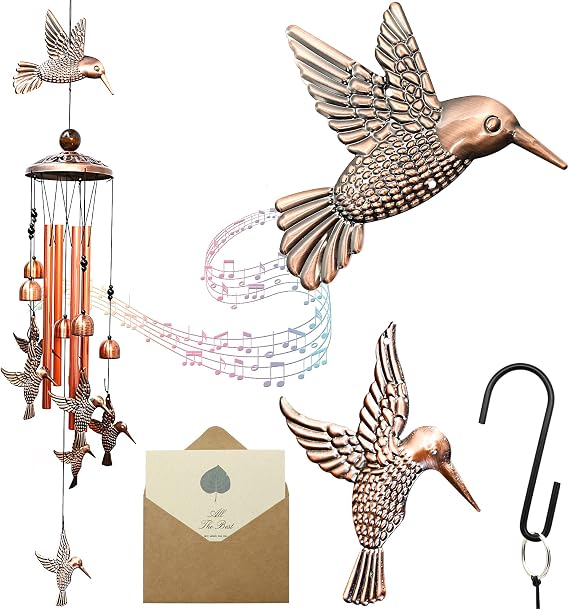 Hummingbird Wind Chimes Outdoor Indoor Decor, with 4 Aluminum Tubes 6 Bells 7 Hummingbirds, Mobile Wind Catcher, Memorial Windchimes for Home, Xmas Mom Gifts, Festival, Balcony, Garden Decoration