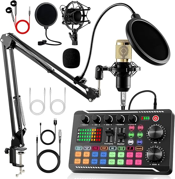 Podcast Equipment Bundle, F998 Audio Mixer with BM800 Microphone | Podcast Equipment with Sound Card, Recording Studio Equipment for Podcasting Singing Gaming Live Streaming YouTube Tiktok