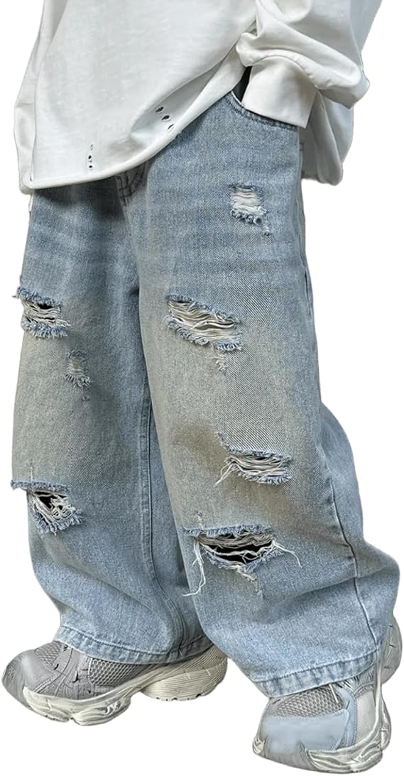 Boys Baggy Jeans Casual Elastic Waist Wide Leg Y2k Denim Pants Streetwear Vintage Ripped Cargo Trousers Loose Sweatpant 1-15T