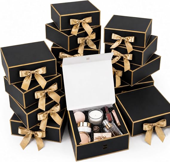 Joyvera 12Pack Small Gift Boxes with Lids, Black Boxes with Gold Ribbon