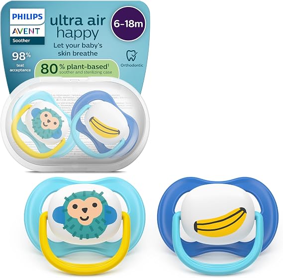 Philips Avent Ultra Air Soothers - Orthodontic Design, for Babies 6-18 Months, Soft Silicone Symmetrical Teat, BPA-Free, with Sterilizing Case, 2 Pack, SCF080/26
