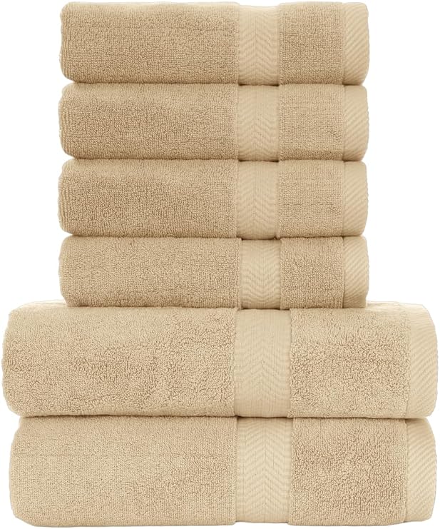 BY LORA 660 GSM Bath Towel Set of 6, 100% Ring-Spun Cotton Terry, 2 Bath Towels + 4 Hand Towels, Hotel Quality, Heavyweight Plush, Beige