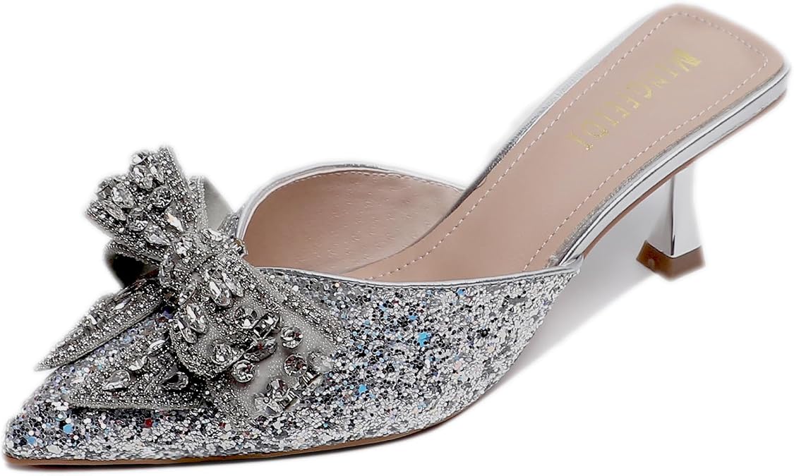 Women's Sparkling Rhinestone Bow Kitten Heel Mules Fashion Closed Pointed Toe Slip On low heel Backless slingback slides Sandals for Wedding Bridal Party Dress
