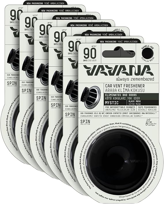 VAVANA Spin Araba Klima Kokusu - Profesyonel Otomobil Kokusu | BPA & Sıvı İçermez | 90 Gün Etkili - 6'lı Set (MYSTIC)