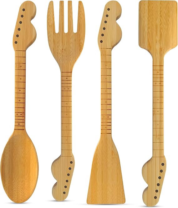 Guitar Bamboo Cooking Utensils Set (4-Piece) | Wooden Spoons and Spatulas | Fun Music Themed Kitchen Gadgets & Accessories | Unique Gift for Musicians, Guitar Players