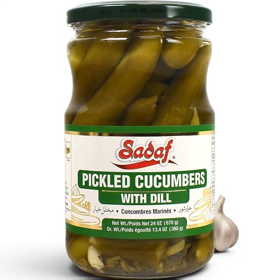 Sadaf Pickled Cucumbers with Dill - Dill Pickle Cucumber for Cooking, Flavoring and Snacking - Persian Cucumbers - Kosher - 24 Oz Jar
