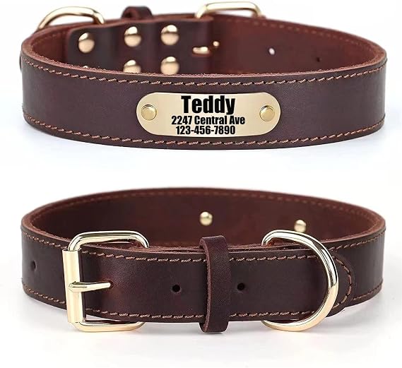 Personalized Custom Customizable Real Genuine Leather Dog Collar with Engraved ID Name Phone Number/Heavy Duty Durable Dog Collars for Male Female X-Small Medium Large X-Large Dogs-Brown-M