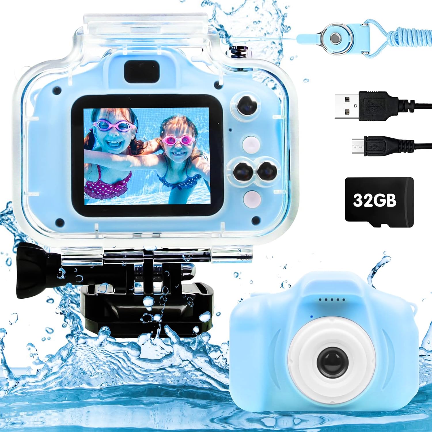 Kids Camera Waterproof Digital Camera for 3 4 5 6 7 8 9 Year Old Kids Birthday 1080P Children Digital Underwater Sports Camera HD Video Toddler Camera Toy with 32GB Card, Blue